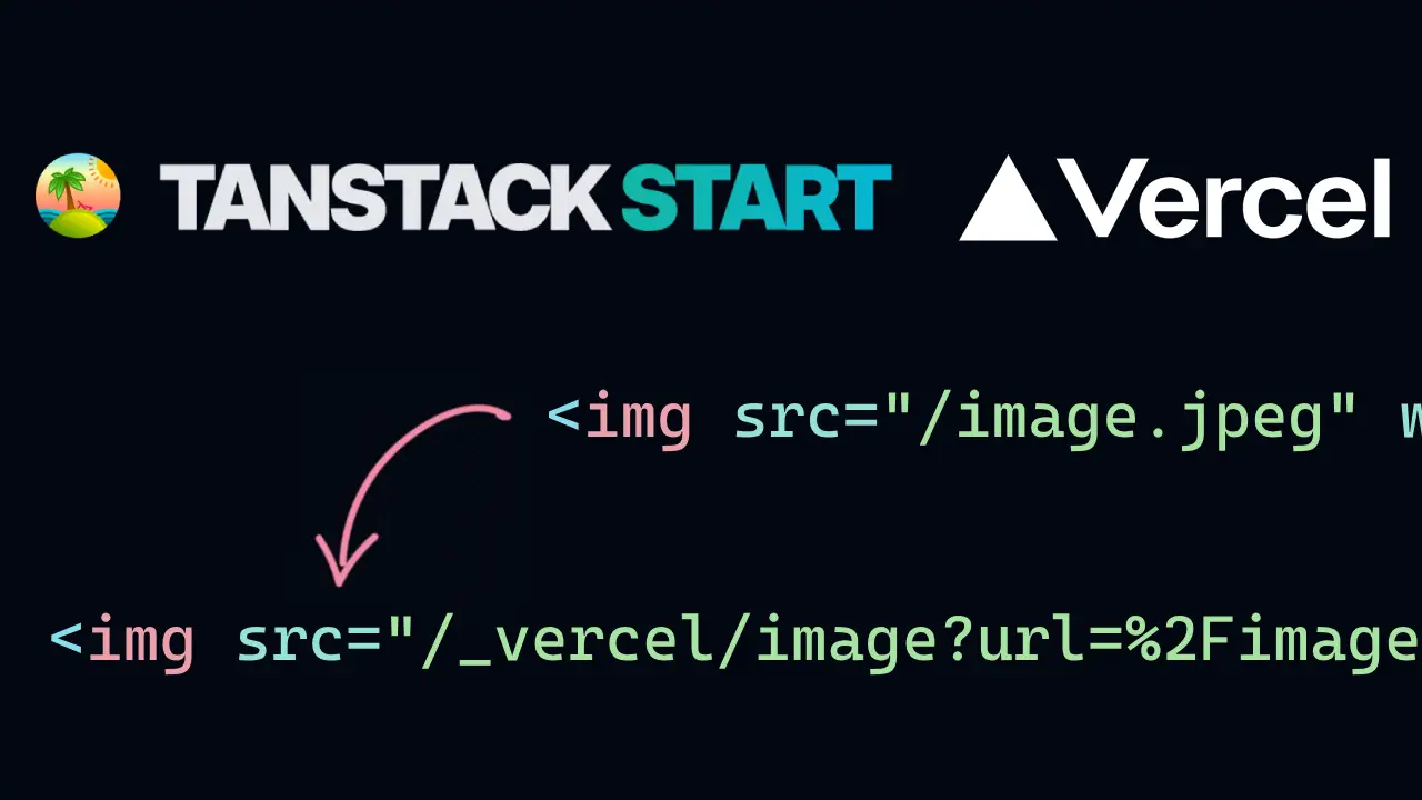 TanStack start logo, Vercel logo at the top of the image. At the bottom of the image, HTML code `<img src="/image.jpeg" ...` being transformed to `<img src="/_vercel/image?url=%2Fimage.jpeg&...`
